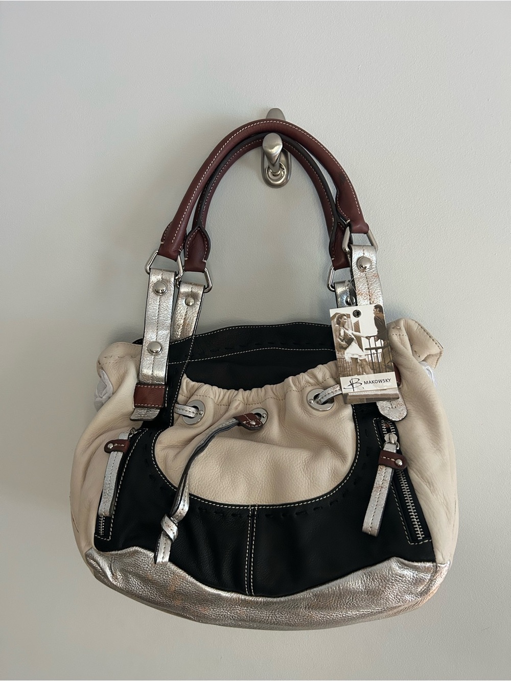 NWT MAKOWSKY Brand Women’s Two-Tone Leather Satchel in Cream, Black & Silver